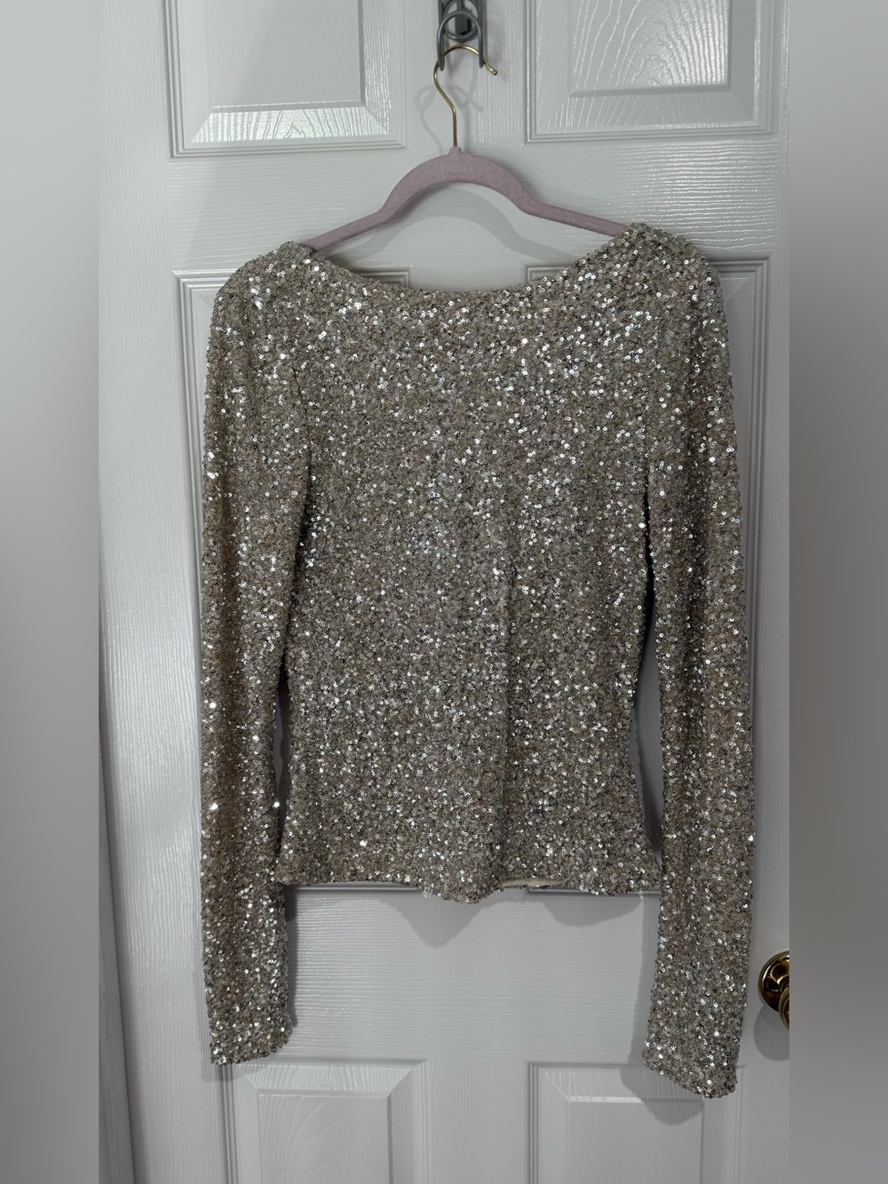 Free People Champagne Sequin Long-Sleeve Crewneck Top
